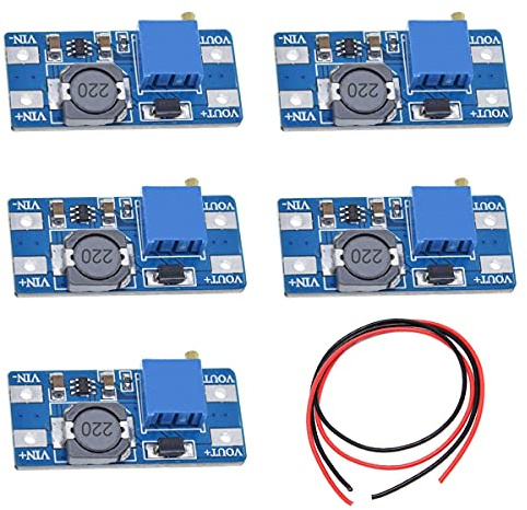 Youmile 5 st DC-DC step up boost effektomvandlare 2V-24 V till 5 V-28 V 2 A, justerbar spänningsregulator, strömförsörjningsmodul för Arduino med 24AWG-tråd