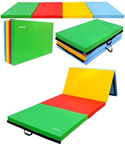 Fitvids Folding Exercise Aerobics Mat, 4'x10'x3 Extra Thick High Density Anti Tear Gymnastics Gym Folding Exercise Aerobics Mats for MMA, Stretching, Cheerleading Martial Arts, Gymnastic, Multi-Color