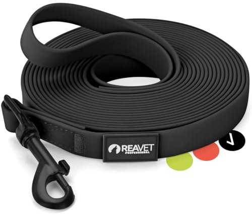ReaVET Schleppleine für Hunde 5 Meter, Schwarz I Robuste & wasserfeste Hundeleine lang I Übungsleine mit Griff, Trainingsleine Laufleine für große & kleine Hunde