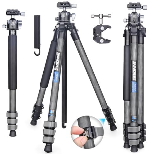 INNOREL P254CF Trípode de viaje de fibra de carbono de 160 cm, trípode compacto profesional para cámara digital DSLR de viaje con rótula central de baja gravedad columna central