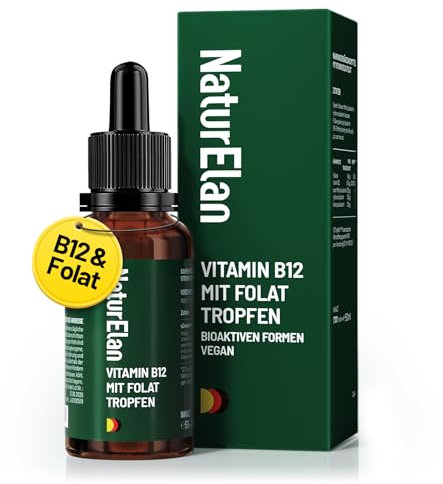 Vitamin B12 Hochdosiert Tropfen - 500µg B12 und 60µg Folsäure pro Tagesdosis, 3 Aktivformen B12 und bioaktive Folsäure, 50ml, Ohne synthetische Zusätze, Vegan, in Deutschland Produziert NaturElan