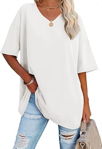 Haibang Dam Överdimensionerad T-shirt Dam Kortärmad V-ringad Sommartröjor Bomull Lös Avslappnad Klassisk Basic Toppar Tee Tröja Enfärgad Blus Lös Axel
