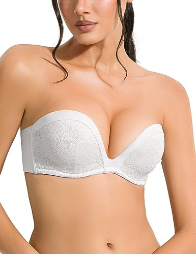 YANDW Soutien-gorge push-up sans bretelles en dentelle florale rembourré avec 2 bonnets Multiway avec bretelles transparentes sans bretelles