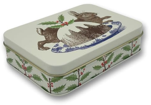 MediMuc Presentburk design Thornback and Peel – kärleksfullt utformad rektangulär godisburk – motiv hare och tårta – godisburk, kakburk, plåtburk – mått (L x B x H) 14,2 x 10,1 x 3,7 cm