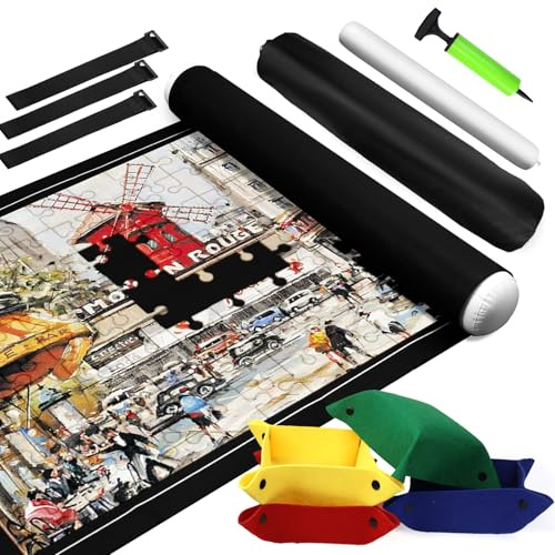 Puzzlematte 500 1000 1500 Teile Puzzle Matte Roll Puzzleunterlage Puzzlerolle Puzzelmatten für Puzzles bis 1500 Puzzle Rollmatte mit 4 Filzsortierschalen, zur Aufbewahrung von Puzzles (für 1500 Teile)
