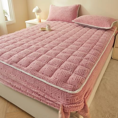 Spannbetttuch, Einfarbig mit Karomuster Samt Bettzeug Spannbettlaken Rosa, MatratzenüBerzug, Atmungsaktiv und komfortabel | 180x200cm, mit 2 Kissenbezügen