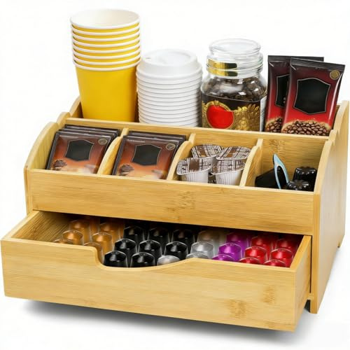 Covzoe Coffee Station Organizer for Countertop, Bamboo Coffee Pods Holder Bar Organizer with Drawer, Rustic Tea Condiment Storage Caddy for Bar Decor Kitchen Home Office
