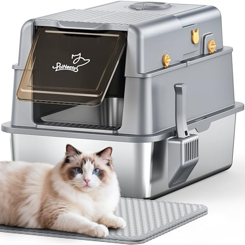 PalNests Arenero Gato Acero Inoxidable, XXL Caja Bandeja de Arena para Gatos con Tapa Abatible de 105°, Metal Extraíble Litter Box con Tapete, Caja de Arena de Lados Altos con Desodorante para Arena