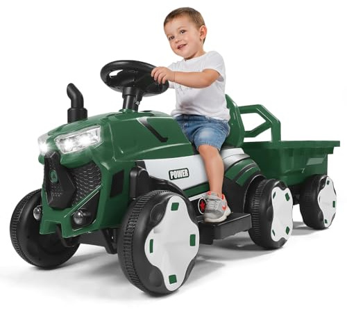 Coche Eléctrico para Niños,Tractor de 12 V y 3 velocidades con Remolque Desmontable y Control Remoto de 2.4 G, Ideal para niños. Incluye Luces LED, música, bocina y Funciones USB. (Verde)