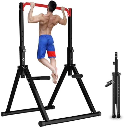 DOBESTS Power Tower Dip Station,Pieghevole Barra per trazioni autoportante，Regolabile MultifunKtional Pull Up Station Attrezzi Palestra Casa,Attrezzatura per Allenamento della Forza（011，red）