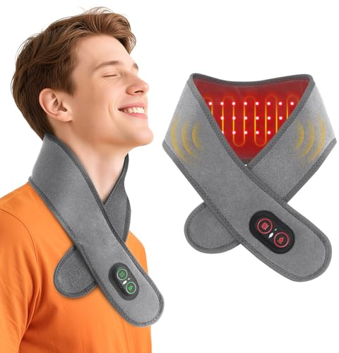 Neck Heating Pad, Cordless Heated Neck Massager with 660nm 850nm Red Light, 3 Levels Heat & Massage Neck Warmer Brace, Gray