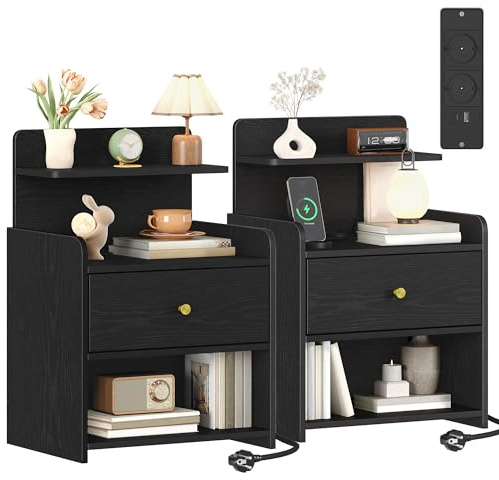 HEXCELEN Table de Nuit avec Multiprise, Lot de 2, Tables de Chevet avec 1 Tiroir et 2 Compartiments Ouverts, Table d'appoint, Port USB et Type-C, 2 Prises, pour Chambre à Coucher, Salon, Moderne Noir
