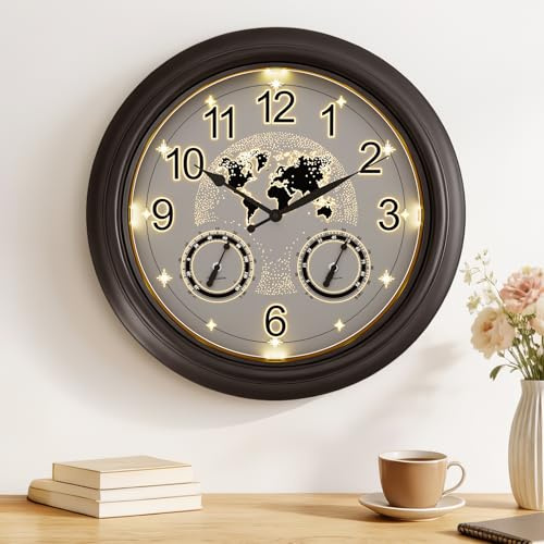 Orologio da Parete da Esterno Illuminato 45 cm (18 Pollici), Orologio da Giardino Impermeabile con Sensore Notturno, Mappa del Mondo con Termometro e Igrometro per Giardino e Patio