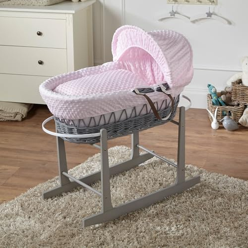 For Your Little One Wicker/Pod Moses Basket Hand-woven Natural, Hypoallergenic Mattress/Deluxe Design/Quilt, Bedding And Rocking Stand - (Pink Dimple, Wicker Moses Basket)