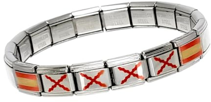 Feyma Pulsera con Cruz de Borgoña (Tercios) y Bandera de España - Eslabones de Acero Inoxidable Brillantes - Brazalete Ajustable para Hombre y Mujer