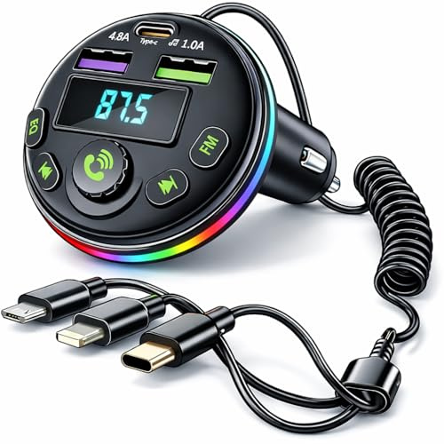 Trasmettitore FM Bluetooth per Auto con Caricatore USB-C, Vivavoce, Display LED, Ricarica Rapida + Cavo Retrattile 3 in 1 (USB-C, Lightning, Micro USB), Compatibile iPhone e Android