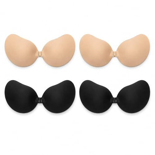 GEEKPC 4 Pcs Strapless Push Up Adhesive Bra with Front Clasp, 3D Cups, Reusable Silicone Invisible Bras for Backless Dresses, Weddings, Parties & Travel
