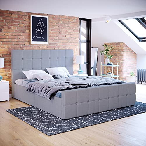 Vida Designs Valentina King Size Ottoman Bed, 5 Foot Bed Frame Storage Lift Upholstered Fabric Headboard Bedroom Furniture, Light Grey Linen (UKFR Certified)