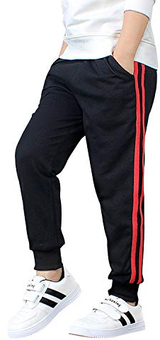 De feuilles Träningsbyxor för pojkar barn byxor ledig joggingrand med elastiskt bomullsrep med ficka, svart, 9-10 ans