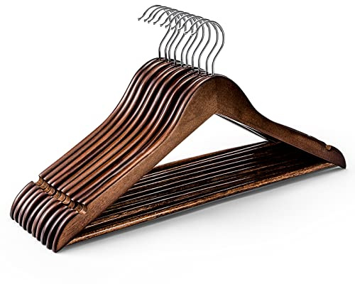 HOUSE DAY Wooden Hangers 10 Pack, Heavy Duty Wood Coat Hangers for Closet, Smooth Finish Wooden Suit Hanger with Non Slip Pants Bar, Sturdy Wood Clothes Hanger, Walnut