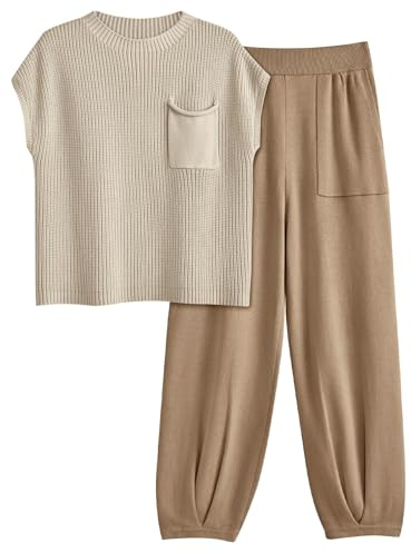 LILLUSORY - Conjunto de 2 piezas de punto para mujer, conjunto de sudadera de moda, Caqui claro, S