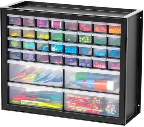 IRIS USA Armoire de rangement empilable à 36 tiroirs pour pièces de quincaillerie, artisanat et jouets, 49,5 cm de large x 17,8 cm de profondeur x 39,5 cm de haut, noir – Petite boîte utilitaire en