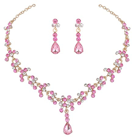 Danshinbow novia collar de diamante de agua y traje de pendientes collar de cristal novia fiesta de bodas mujeres y niñas traje de joyas de boda (Rosa)