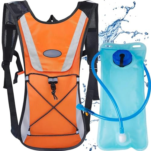 XFLYP Trinkrucksack mit 2L Trinkblase, 5L Ultraleicht Trinkrucksack Trail Rucksack Trinkweste, Leichter Laufen Rucksack Wasserdicht, reflektierend, reißfest für Laufen, Camping, Wandern(Orange)