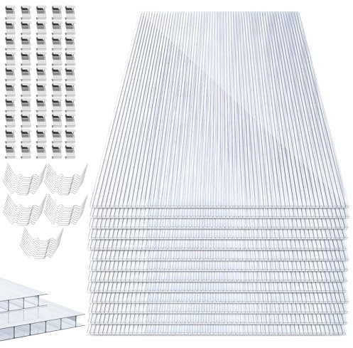 Herrselsam Lot de 14 plaques alvéolaires en Polycarbonate de 60,5 x 121 cm - Double Plaque alvéolaire de 10,25 m² - Plaques en Polycarbonate de 4 mm avec 50 Pinces - 50 Clips Z - Plaque de Serre