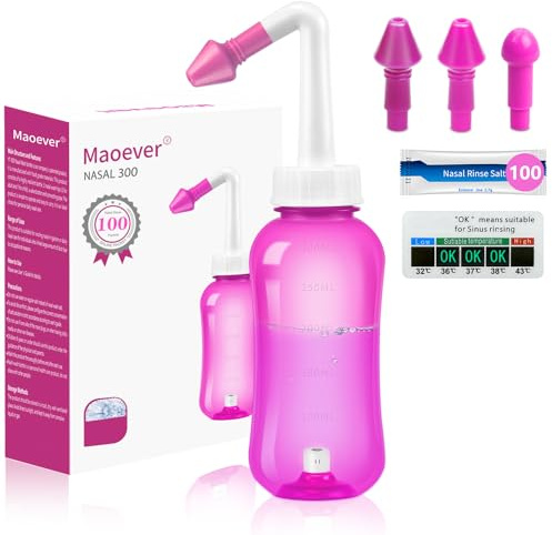 MAOEVER Neti Pot - Bottiglia per risciacquo nasale, con 100 pacchetti di sale per lavaggio nasale, detergente per naso a pressione, per adulti e bambini, senza BPA, 300 ml, con termometro adesivo