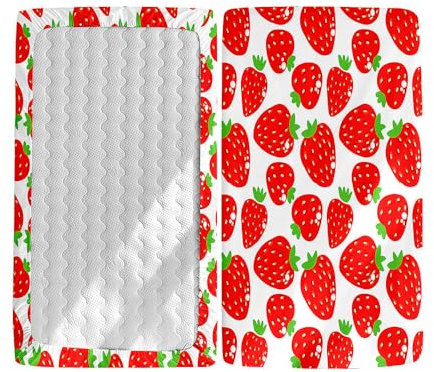 Hiseng 2 Stück Baby Spannbettlaken Bettlaken für Oval & Eckige Matratzen,Fruchtdruck Weiche Mikrofaser Spannbettlaken Kinderwagen Matratzenschoner für Beistellbett & Kinderwagen (Erdbeere,55x90cm)