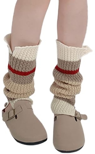 EMOTTOS Scaldamuscoli Lunghi in Maglia per Donna, Scaldamuscoli Donna Moda Inverno Caldo Contrasto Strisce, Scaldamuscoli Termici Invernali Lavorati per Danza, Taglia unica, Beige