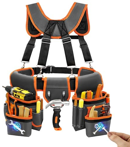 Tool Belt, Professional Tool Belts for Men, Magnetic Tool Pouch with Suspenders, Heavy Duty Detachable Adjustable Utility Belt Work Bags for Electrician, Carpenter (32''-66'' Grey and Orange)