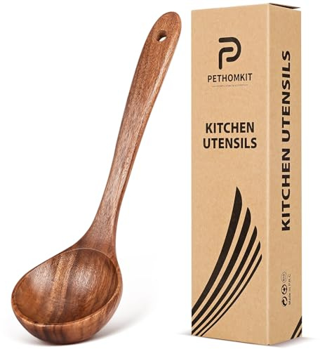 Wooden Soup Spoon for Cooking, Teak Acacia Soup Ladle, Non-Toxic Natural Wood Serving Spoon for Gravy Sauce Porridge, Long Handle Deep Scooper Server Utensil, No-Scratch Cookware Surface,10.6″