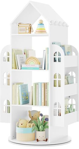 WOLTU Drehbares Bücherregal Kinder, Kinderregal Kinderbücherregal, Mit 4 Ebenen 2 Seitenregalen, Regal Hausform, 63x125x59 cm, Weiß