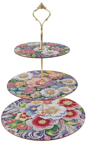 DCIDBEI Pintura Diamantes Soporte de Postre 3 Niveles Flores Floreciendo 25x32cm Cuadros de Diamantes Torre de Postres Punto de Cruz Diamante Soporte Decorativo para Cupcakes Torre de Exposición