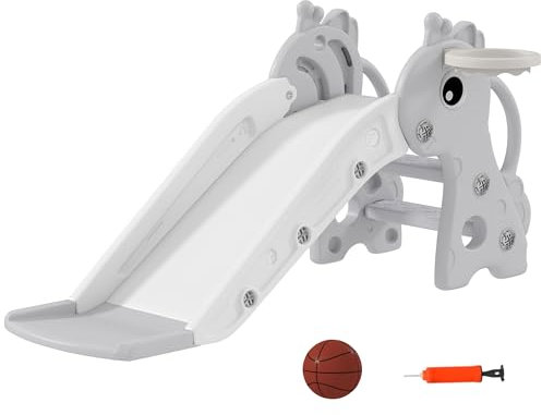 AIYAPLAY Toboggan 3 en 1 pour enfants de 1 à 3 ans avec escalier, panier de basket-ball et motif girafe pour intérieur 106 x 51,5 x 52 cm Gris