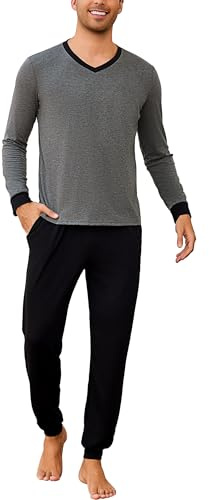 Bresdk Pyjama Homme Hiver Chaud Col V Coton Ensembles de Pyjamas Long Pantalon de Pyjama Confortable XL Gris Noir