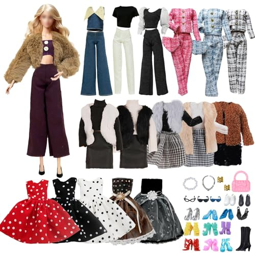 Lot de 21 vêtements classiques pour poupées en peluche super modèle marron, gilet en peluche, set gros tricot, ensemble de jeans, robe à pois, robe à paillettes, 6 chaussures, 6
