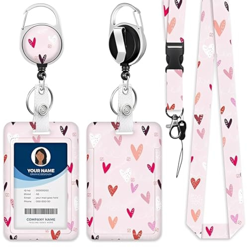 DIFLAX Tarjetero Colgante, Lanyard Enfermera, Lanyard Con Tarjetero, 3-Tlg Rosa Herz-Tarjetero Set Mit Portatarjetas Retractil, Karabiner, Für Trabajadores, Enfermeras, Profesores, Estudiantes