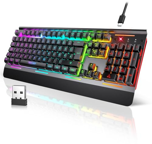 TECKNET Gaming-Tastatur Kabellos, QWERTZ-Tastatur (Deutsches Layout), Membran Tastatur mit 105 Tasten, Vollmetall-Pane, RGB Beleuchtung, Handgelenkauflage, 25 Anti-Ghosting-Tasten für Gamer & Büro