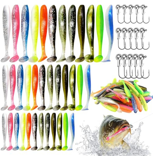 Set de 87 Soft Señuelos de Pesca Señuelos de Goma Flotantes para Barracuda con Cabezas Plomadas y Kit de Pesca Accesorios Kit de Plástico Suave para Lubina, Lucioperca y Trucha