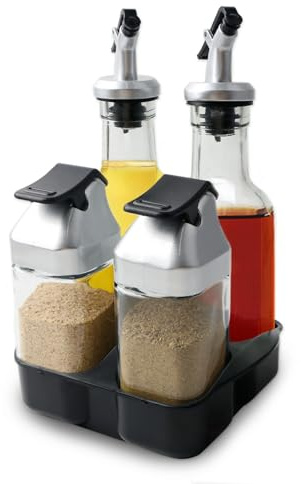 Set di sale e pepe in vetro, bottiglie di aceto e olio con beccuccio, saliera 2 in 1 con coperchio, contenitore per spezie con fori sparsi, set per aceto e olio, vetro per cucina, barbecue e accessori