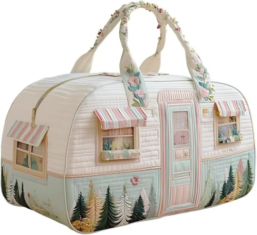 Bolso de viaje acolchado Cozy Camper, estilo bohemio vintage con estampado floral vibrante, bolso de lona para viaje, mochila espaciosa y acolchada para fin de semana. (Verde,18 x 9 x 9 in)
