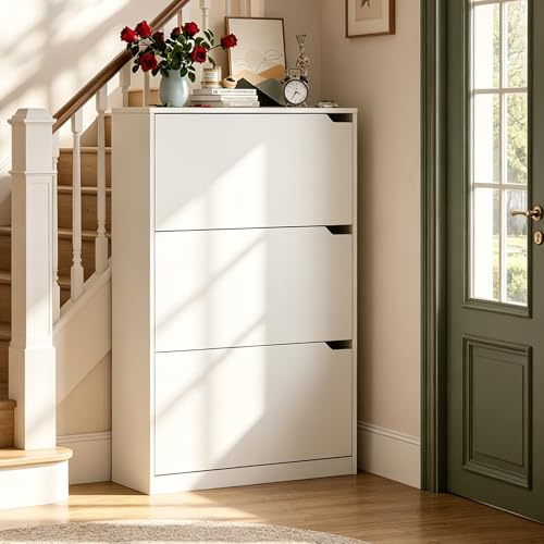 Ztexkee Zapatero 3 Puertas Armarios para Zapatos Estrecho Mueble Zapatero para 24-30 Pares de Zapatos，para Sala de Estar, Pasillo de Entrada, 80x24x118cm Blanco