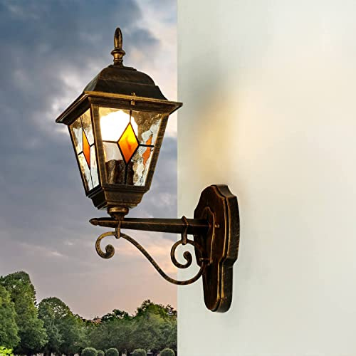 Lámpara de pie exterior SALZBURG de color oro Antiguo cristal Tiffany 1,03m E27 IP44 Farola de estilo rústico para jardín, luz de poste
