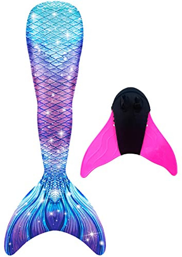NAITOKE meerjungfrauenflosse mädchen Badeanzug - Meerjungfrau Flosse Bademode mit Bikini Set und Monoflosse Mermaid Tail, 4 Stück Set,DGJDYY,164