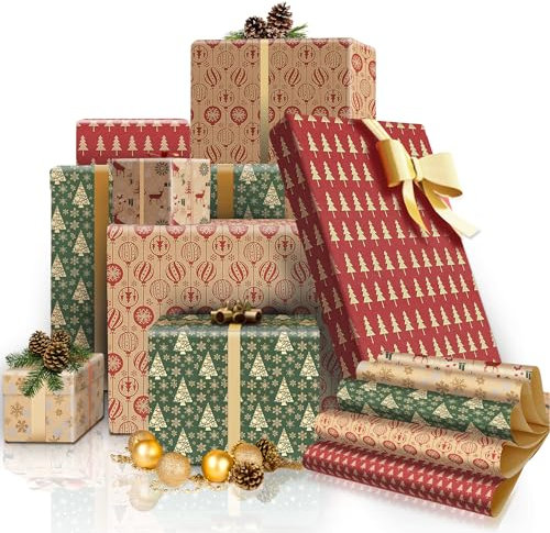 Weihnachtspapier Geschenkpapier 10 Blatt, Geschenkpapier Weihnachten Karte, Weihnachtsgeschenkpapier Natur, Geschenke Papier Weihnachten Braun Edel Vintage Basteln Recycling Set (50×70cm 10 Blatt B)