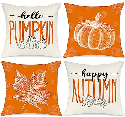Benjia Lot de 4 pièces Housses de Coussin Déco Automne 40x40cm, Citrouille Feuille d'érable Taies d'oreiller pour Ferme Thanksgiving Halloween Literie Orange 40 x 40 cm