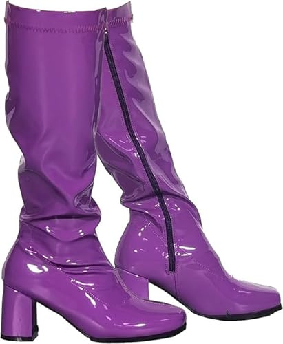 AYZAL Women’s Ladies Fancy Dress 1960'S 70'S Knee high Go Go Boots Retro Block Heel Girls boots (Purple, UK Footwear Size System, Adult, Women, Numeric, Medium, 3)